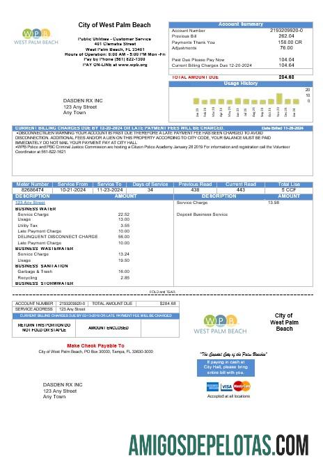 imprimível Modelo de conta de serviços públicos dos EUA, Flórida, cidade de West Palm Beach, em formatos Word e PDF